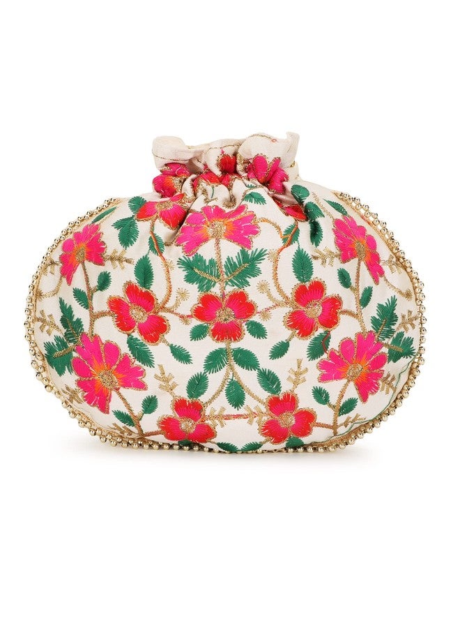 Anekaant Dangle Cream & Multi Floral Embroidered Faux Silk Potlis Combo (Pack of 2) ADCL1128AS2 - Image 4